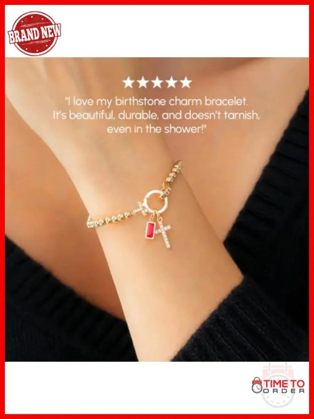 Stretch Birthstone Cross Charm Bracelet - 18K Gold Plated Over Brass